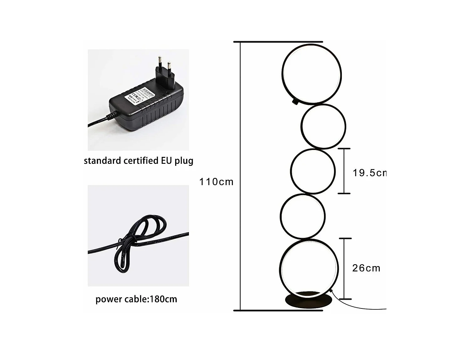 NETTLIFE Lampadaire Moderne LED Dimmable 32W Touch Switch Lampadaire Blanc Chaud 3000K Aluminium 5-flamme Anneau Noir Lampadaire