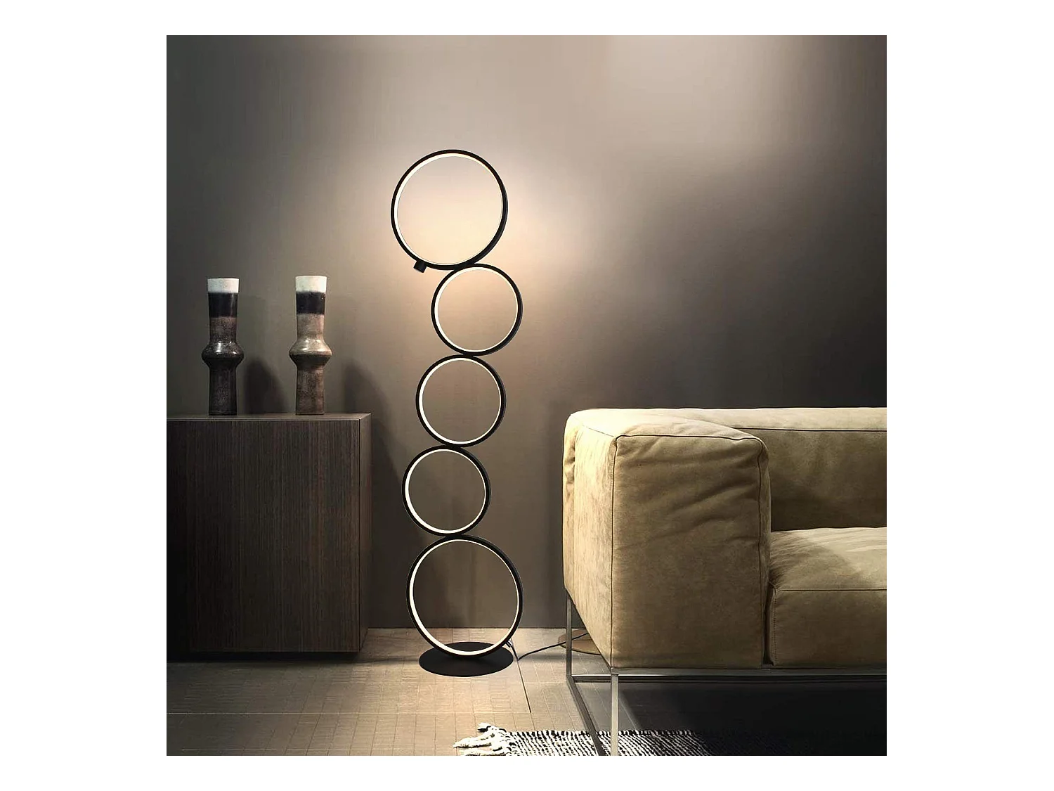 NETTLIFE Lampadaire Moderne LED Dimmable 32W Touch Switch Lampadaire Blanc Chaud 3000K Aluminium 5-flamme Anneau Noir Lampadaire