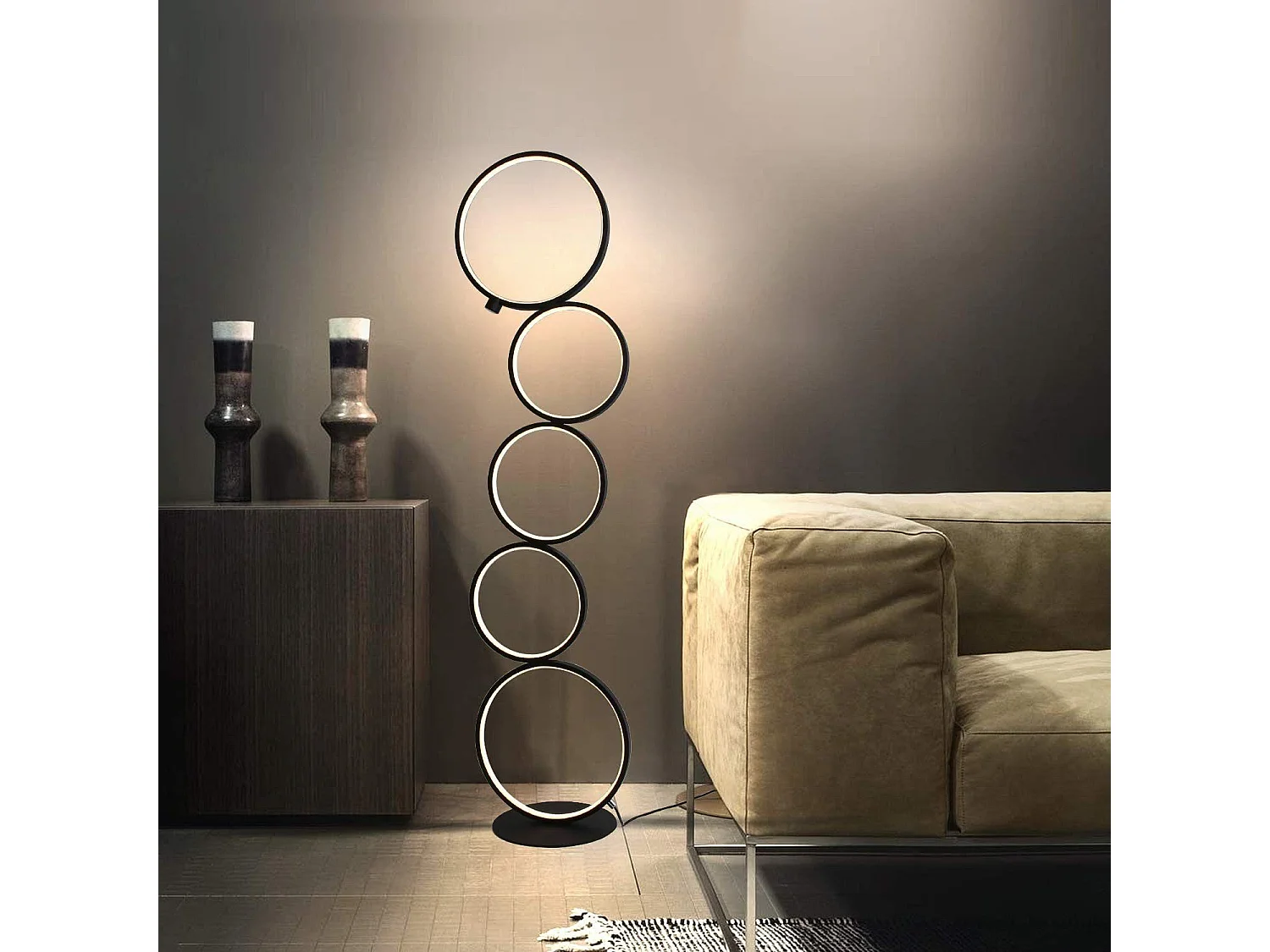 NETTLIFE Lampadaire Moderne LED Dimmable 32W Touch Switch Lampadaire Blanc Chaud 3000K Aluminium 5-flamme Anneau Noir Lampadaire