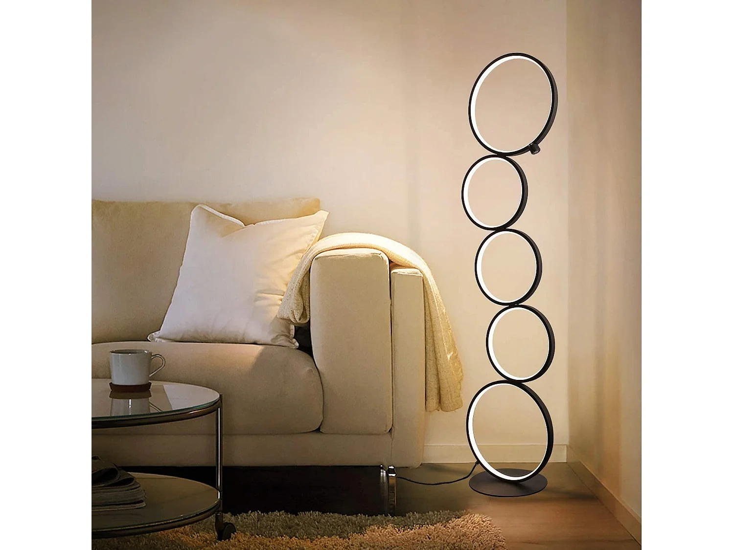 NETTLIFE moderne LED - lamp met dimm - functie, 32W, met touch - schakelaar, warme witte (3000K) aluminium lamp, 5 - vlammen, zwarte ring, lamp.