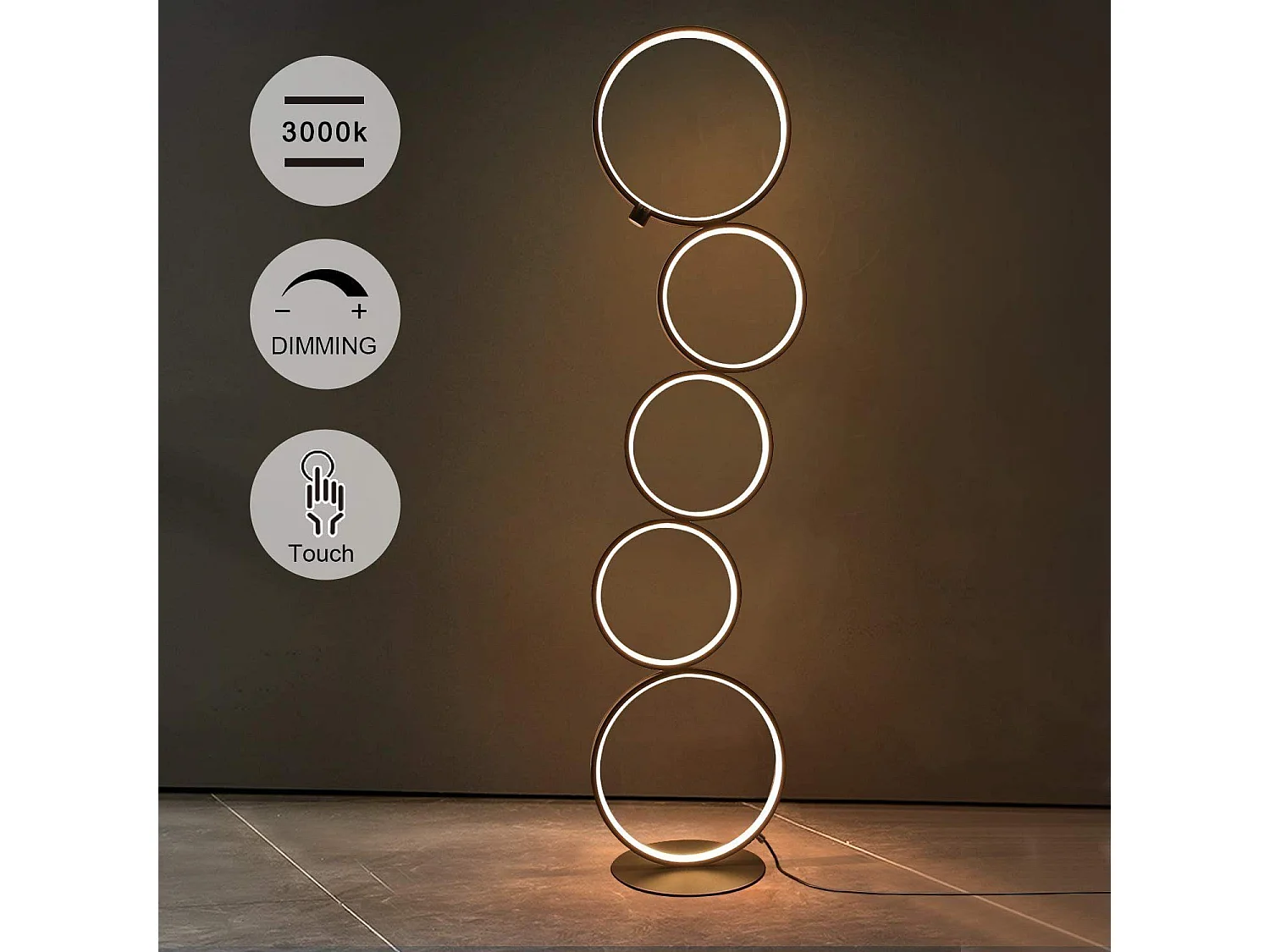 NETTLIFE moderne LED - lamp met dimm - functie, 32W, met touch - schakelaar, warme witte (3000K) aluminium lamp, 5 - vlammen, zwarte ring, lamp.