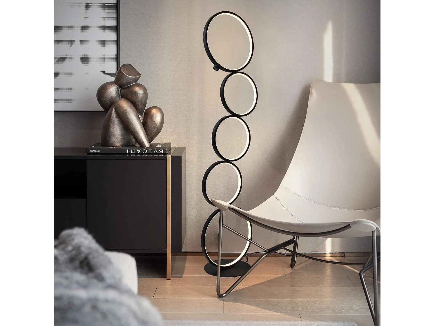 NETTLIFE moderne LED - lamp met dimm - functie, 32W, met touch - schakelaar, warme witte (3000K) aluminium lamp, 5 - vlammen, zwarte ring, lamp.