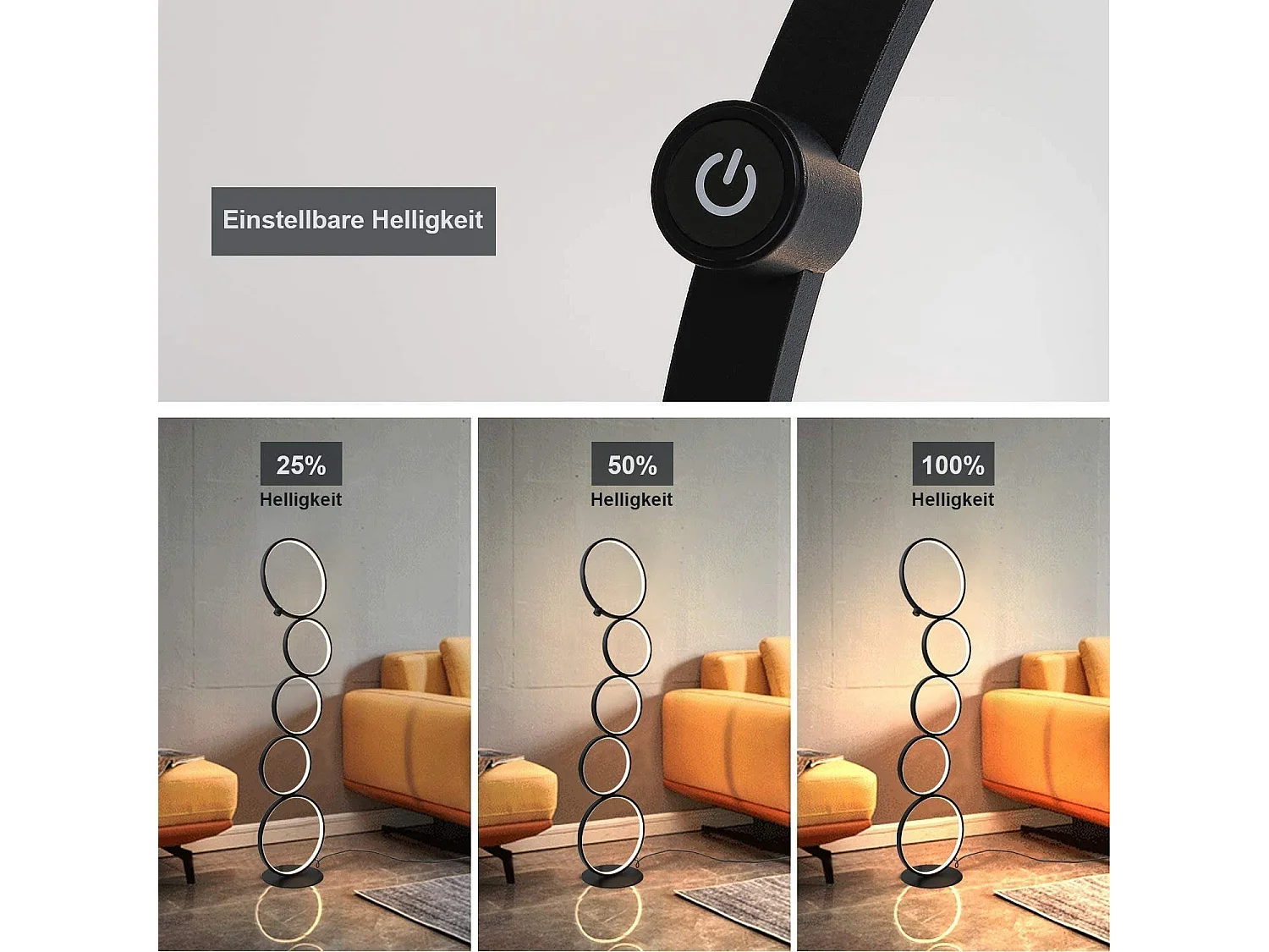 NETTLIFE moderne LED - lamp met dimm - functie, 32W, met touch - schakelaar, warme witte (3000K) aluminium lamp, 5 - vlammen, zwarte ring, lamp.