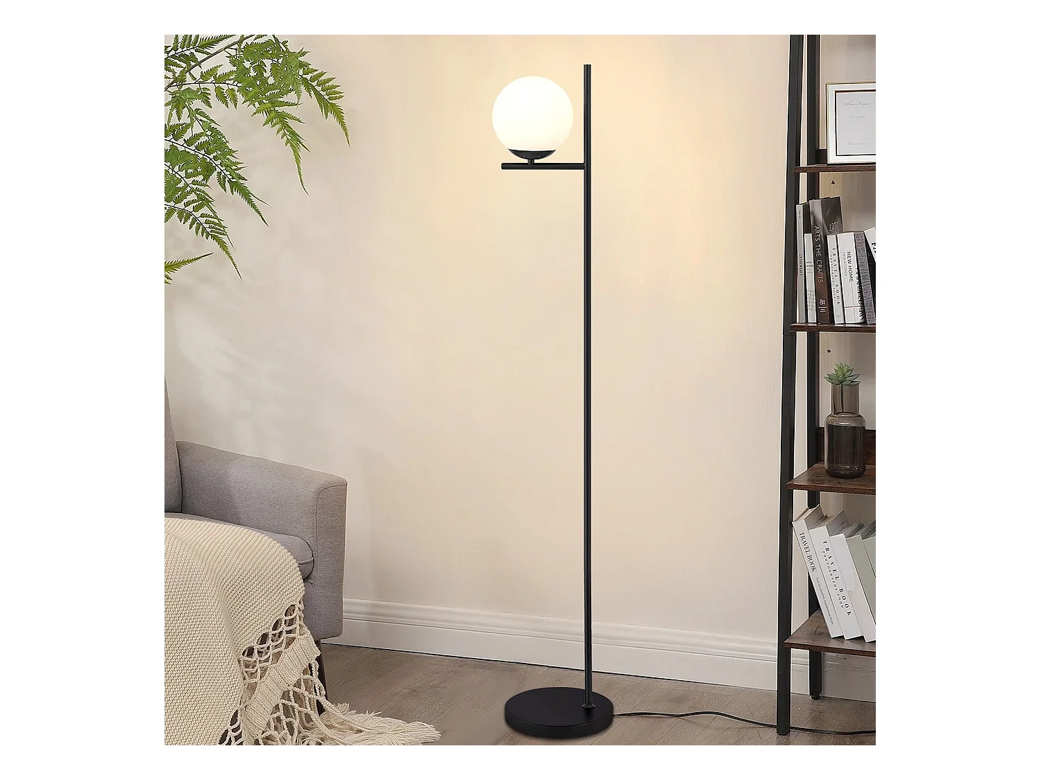 NETTLIFE Lampadaire Industriel - Noir Moderne avec Interrupteur à Pied Métal Design Blanc Verre Lampadaire E27 Vintage Câble 2M