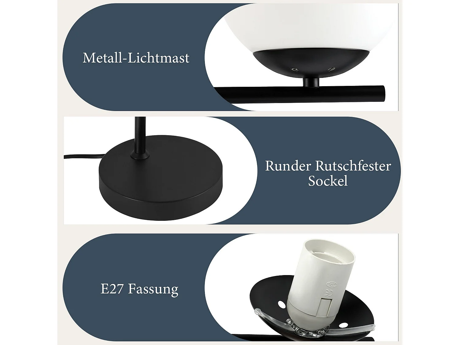 NETTLIFE Lampadaire Industriel - Noir Moderne avec Interrupteur à Pied Métal Design Blanc Verre Lampadaire E27 Vintage Câble 2M