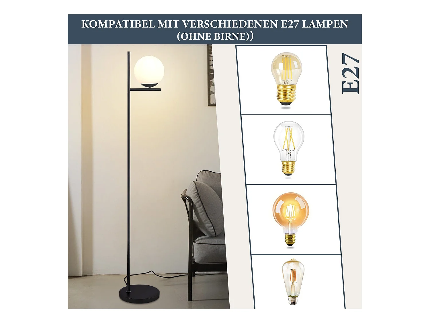 NETTLIFE Lampadaire Industriel - Noir Moderne avec Interrupteur à Pied Métal Design Blanc Verre Lampadaire E27 Vintage Câble 2M