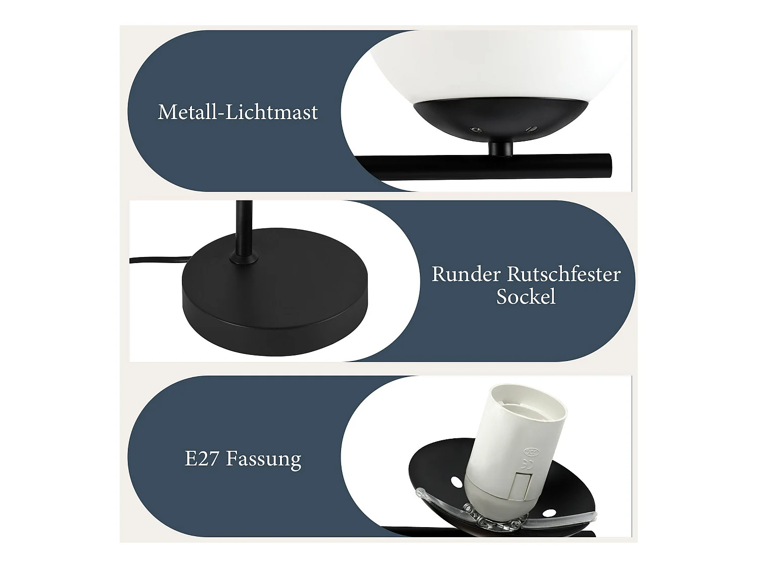 NETTLIFE Lampadaire Industriel - Noir Moderne avec Interrupteur à Pied Métal Design Blanc Verre Lampadaire E27 Vintage Câble 2M