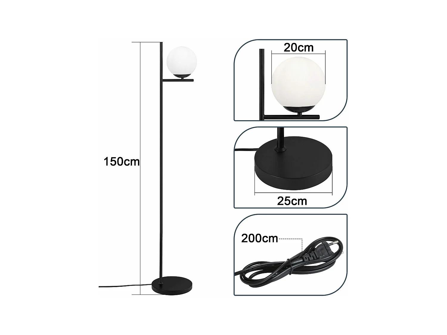 NETTLIFE Lampadaire Industriel - Noir Moderne avec Interrupteur à Pied Métal Design Blanc Verre Lampadaire E27 Vintage Câble 2M