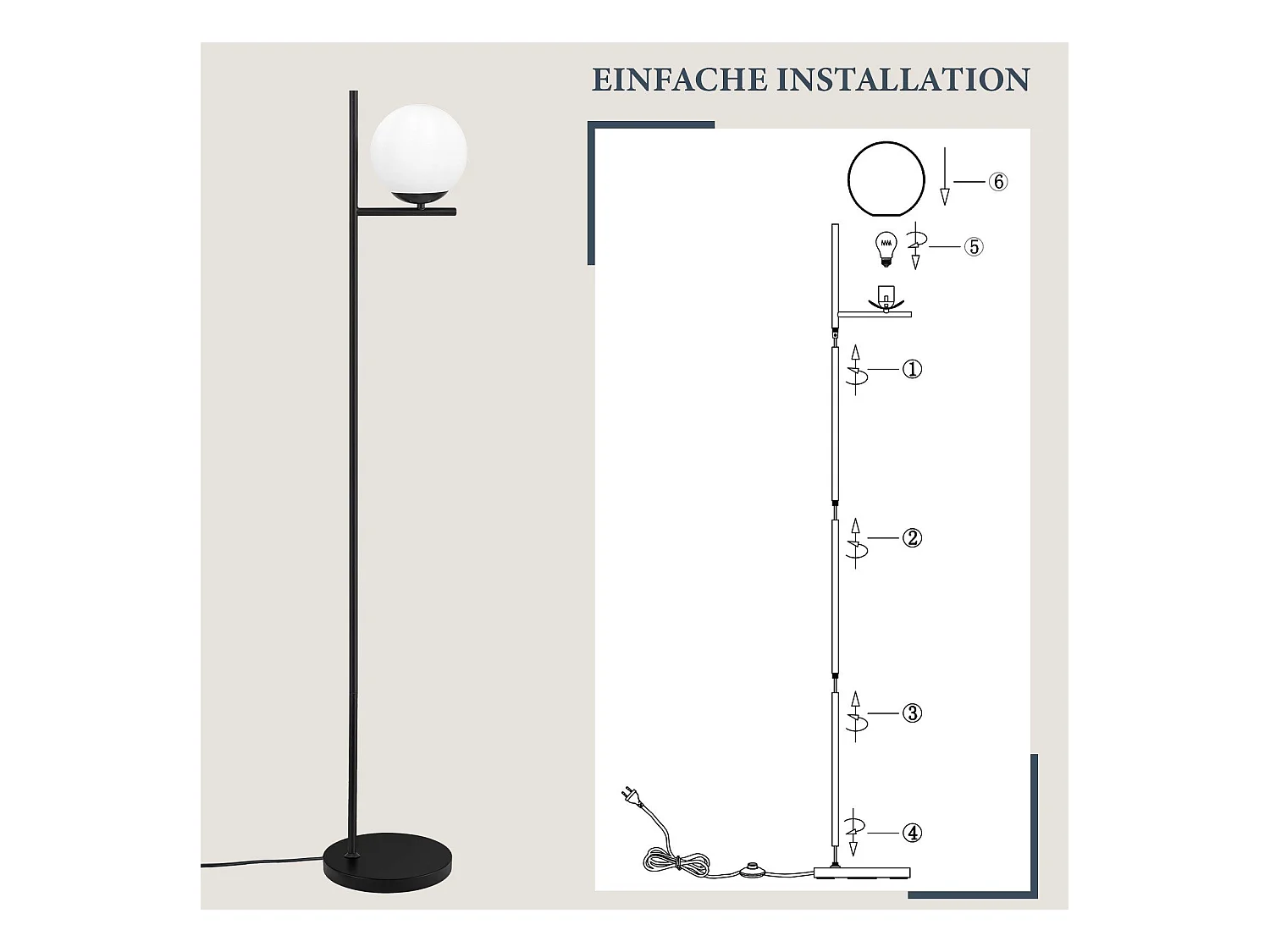 NETTLIFE Lampadaire Industriel - Noir Moderne avec Interrupteur à Pied Métal Design Blanc Verre Lampadaire E27 Vintage Câble 2M