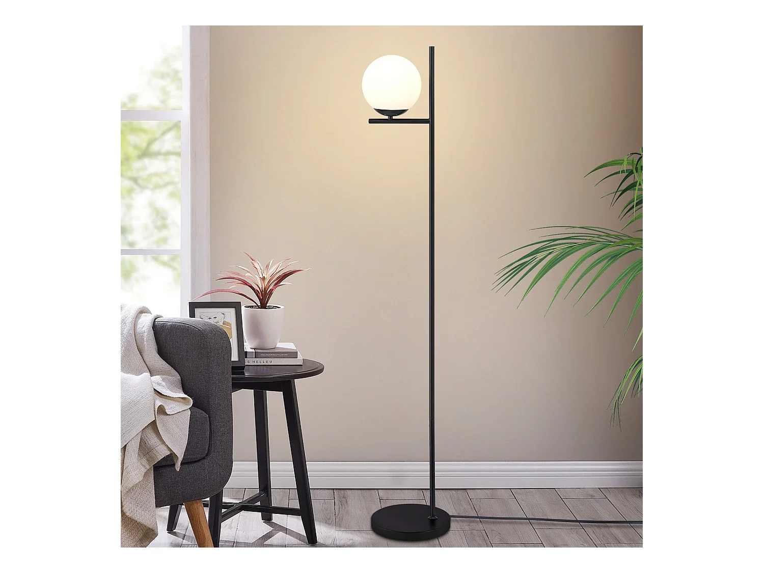 NETTLIFE Lampadaire Industriel - Noir Moderne avec Interrupteur à Pied Métal Design Blanc Verre Lampadaire E27 Vintage Câble 2M