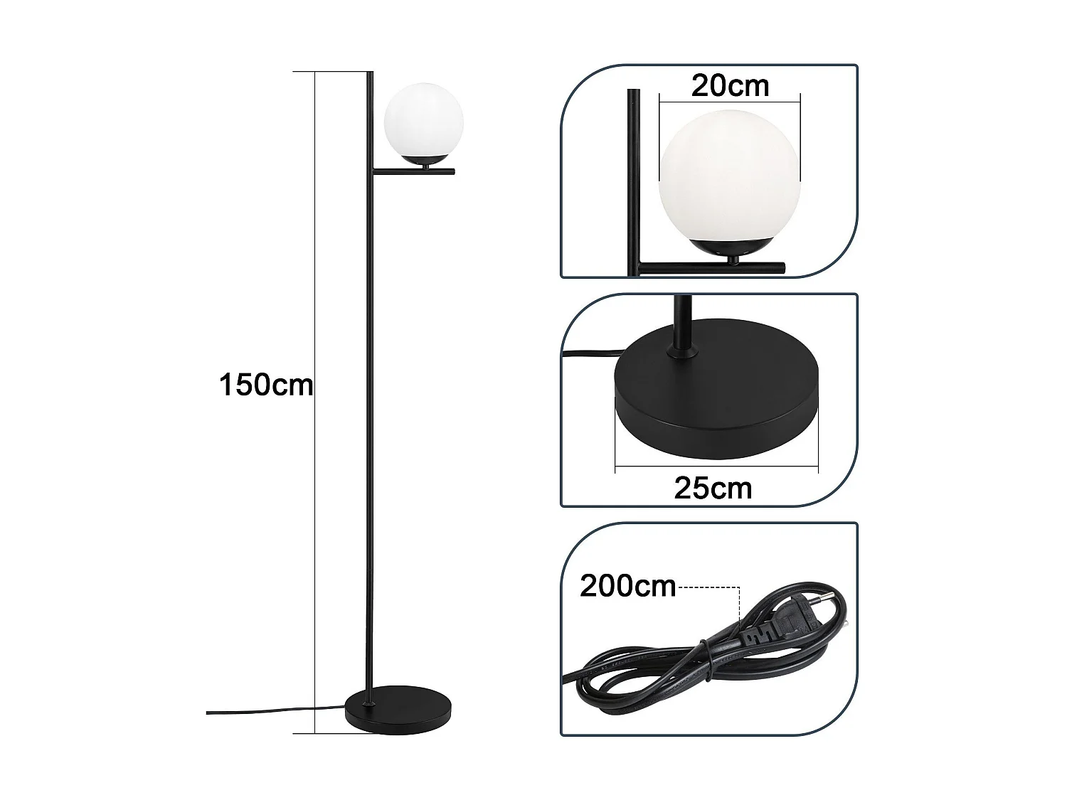Lampadaire Industriel Noir Moderne Avec Interrupteur à Pied Métal Design Blanc Verre E27 1.5m