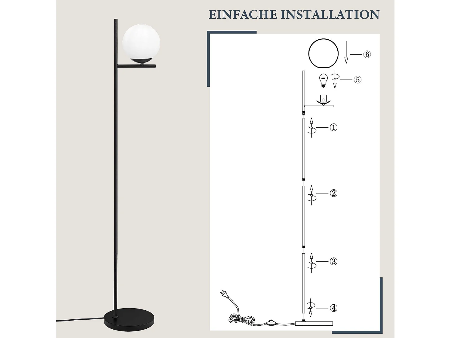 Lampadaire Industriel Noir Moderne Avec Interrupteur à Pied Métal Design Blanc Verre E27 1.5m