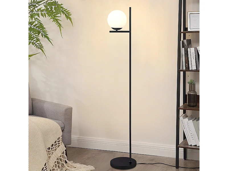 NETTLIFE Lampadaire Industriel - Noir Moderne avec Interrupteur à Pied Métal Design Blanc Verre Lampadaire E27 Vintage Câble 2M