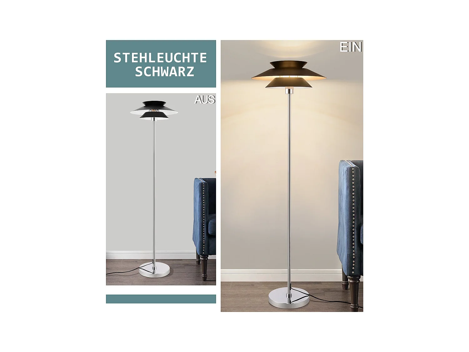 NETTLIFE Lampadaire Salon Noir Moderne E27 1 flamme avec interrupteur à pied Vintage Métal Design Industriel Hauteur 145CM
