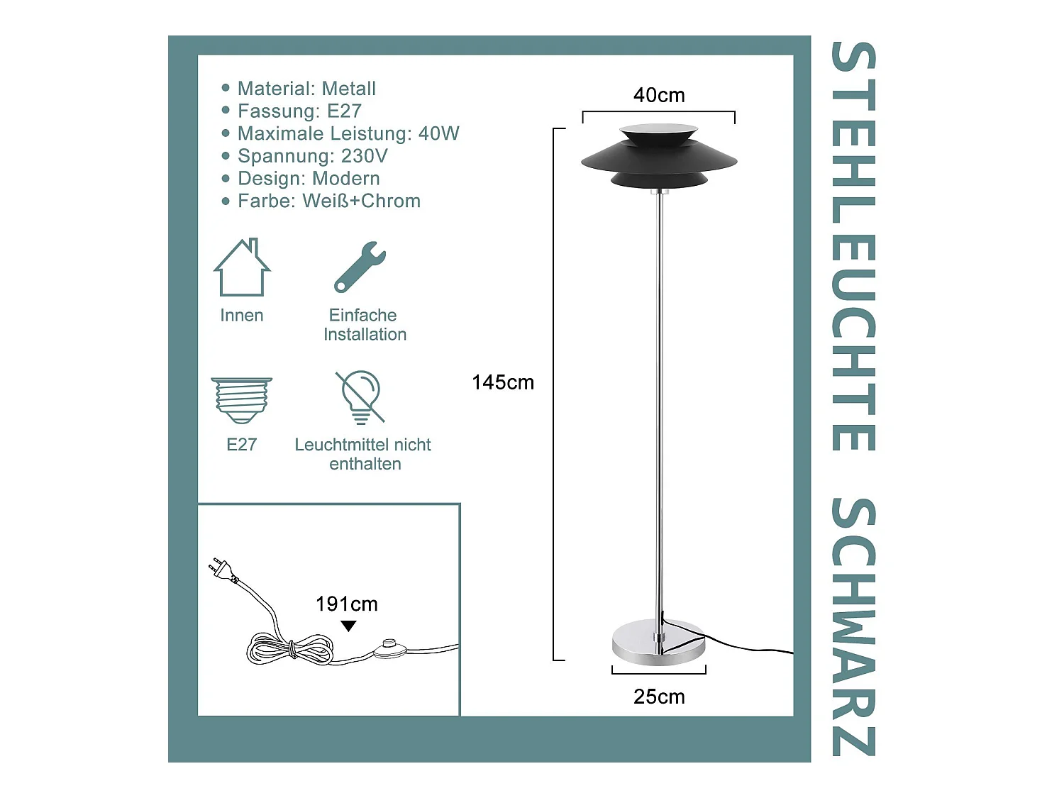 NETTLIFE Lampadaire Salon Noir Moderne E27 1 flamme avec interrupteur à pied Vintage Métal Design Industriel Hauteur 145CM