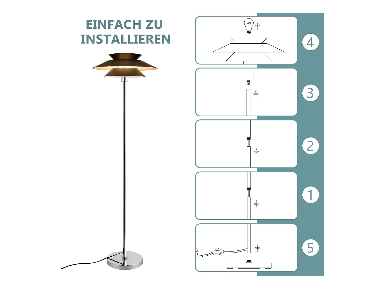 NETTLIFE Lampadaire Salon Noir Moderne E27 1 flamme avec interrupteur à pied Vintage Métal Design Industriel Hauteur 145CM
