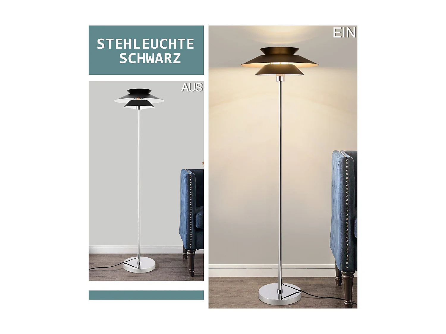 NETTLIFE moderne salonlamp zwart, 1 - vlammetje E27 met voetschakelaar, vintage industrieel metaaldesign, hoogte 145 cm.