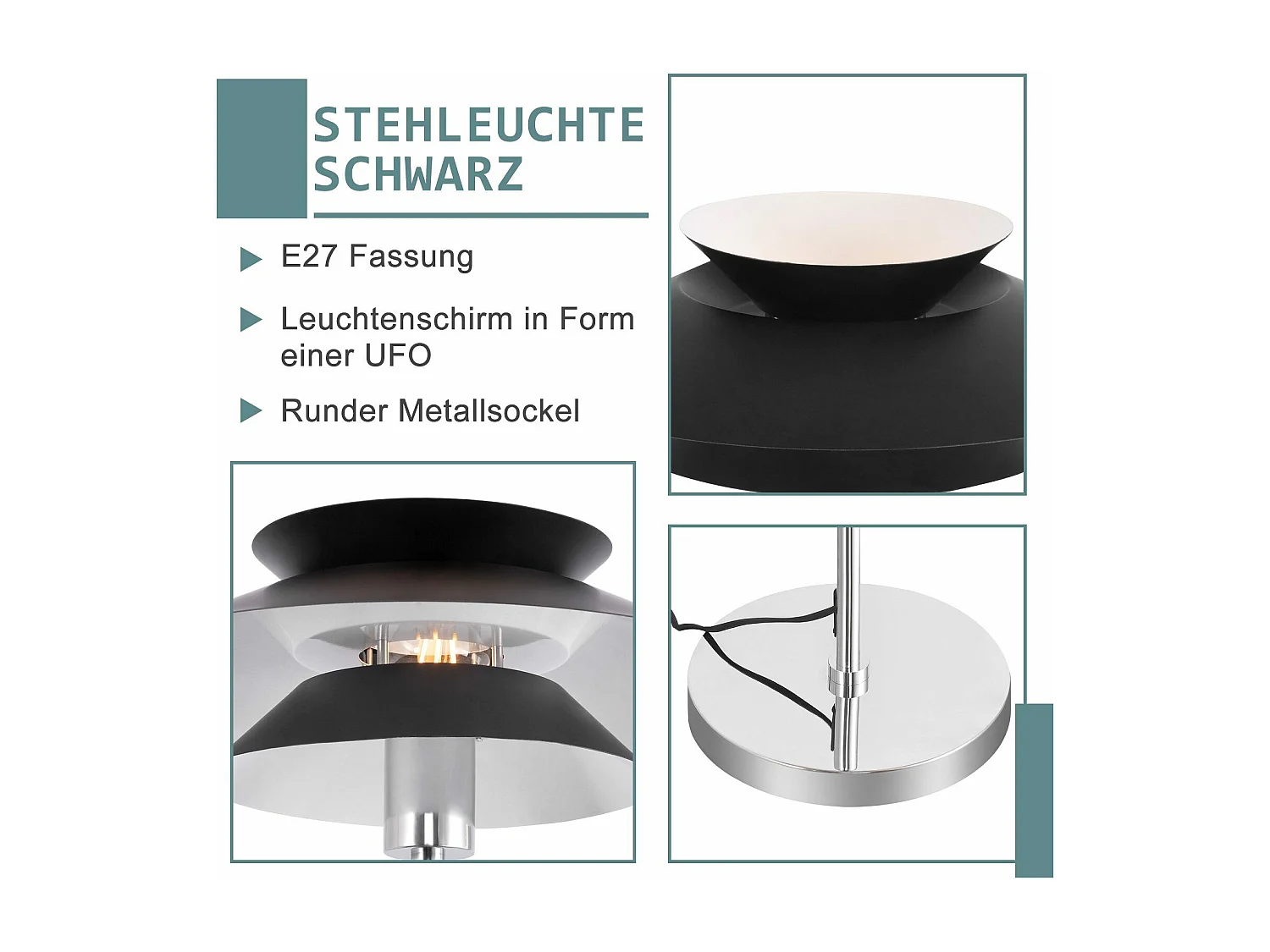 NETTLIFE moderne salonlamp zwart, 1 - vlammetje E27 met voetschakelaar, vintage industrieel metaaldesign, hoogte 145 cm.