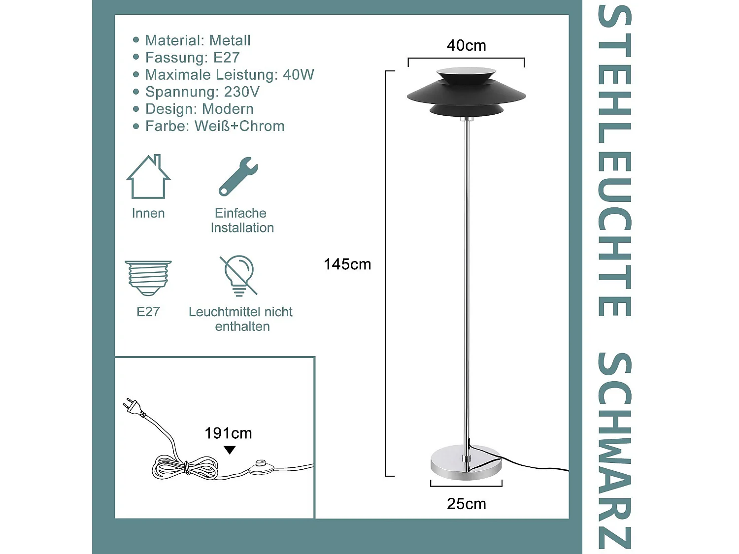 NETTLIFE moderne salonlamp zwart, 1 - vlammetje E27 met voetschakelaar, vintage industrieel metaaldesign, hoogte 145 cm.