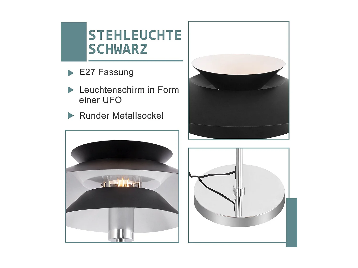 NETTLIFE moderne salonlamp zwart, 1 - vlammetje E27 met voetschakelaar, vintage industrieel metaaldesign, hoogte 145 cm.