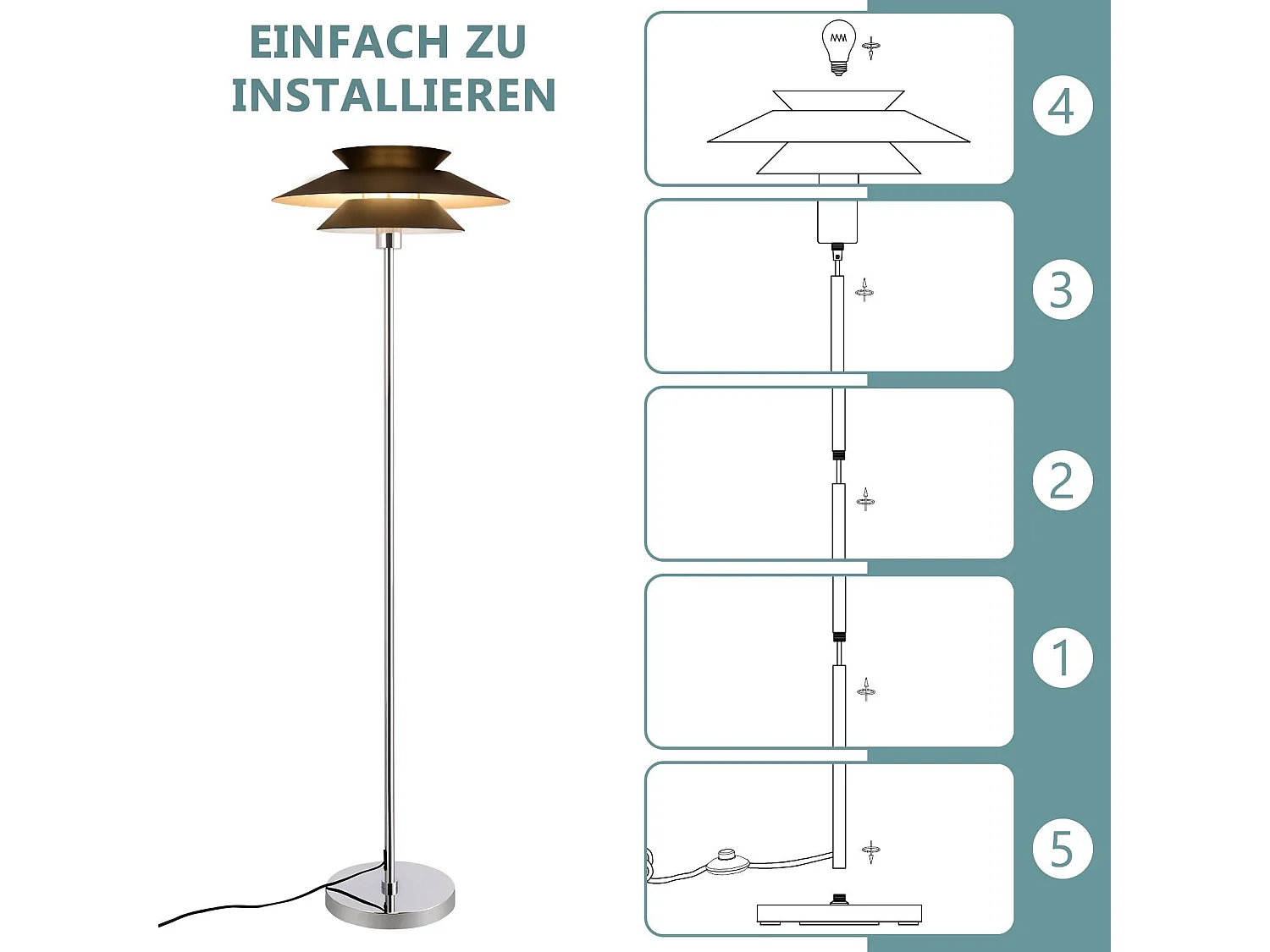NETTLIFE moderne salonlamp zwart, 1 - vlammetje E27 met voetschakelaar, vintage industrieel metaaldesign, hoogte 145 cm.