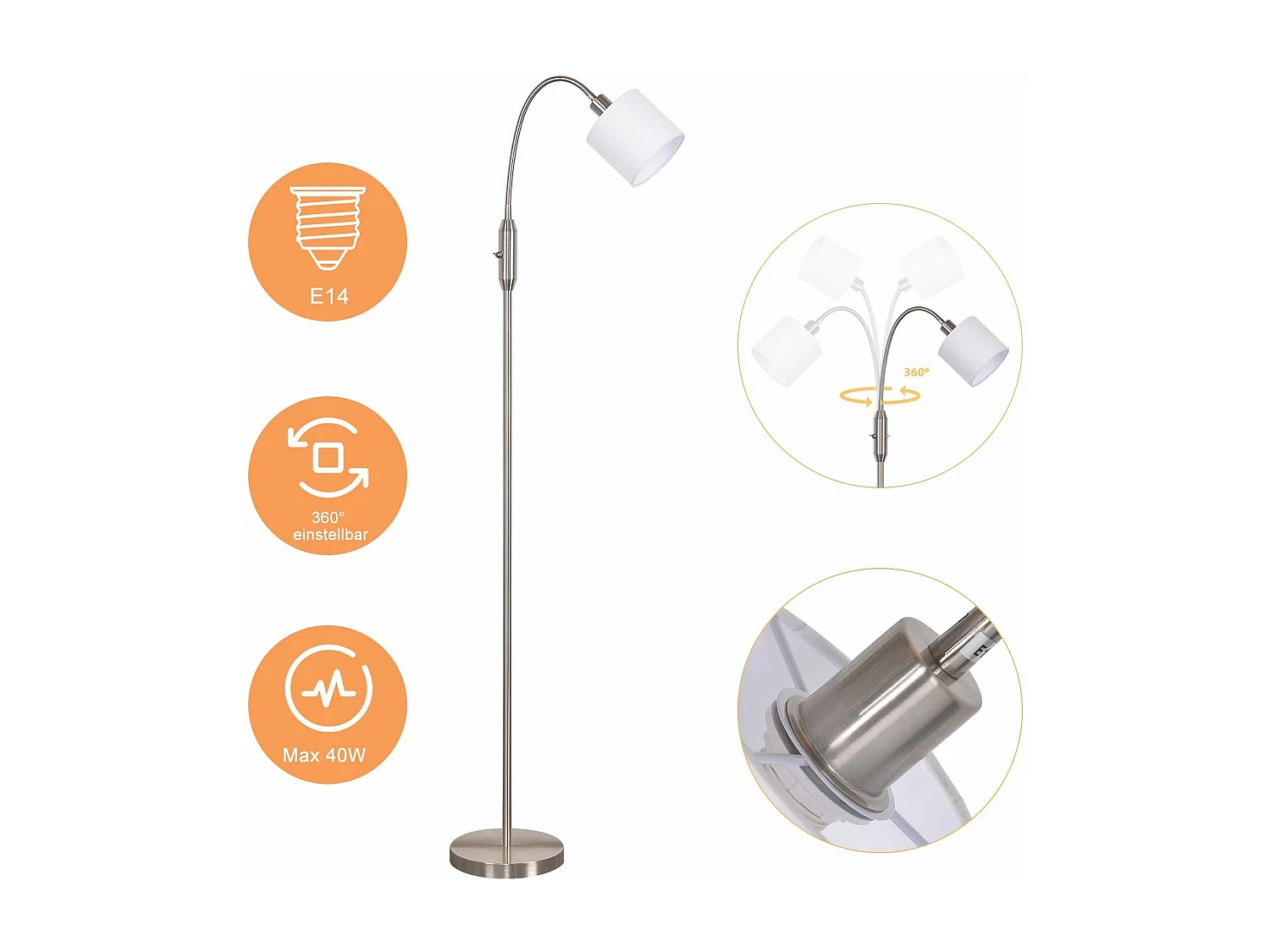 NETTLIFE Lámpara de pie 1 Llama Sala de Estar - E14 Pantalla de rotación de 360 ​​​​° Vintage  Industrial Boho Pasillo Dormitorio sin Bombillas