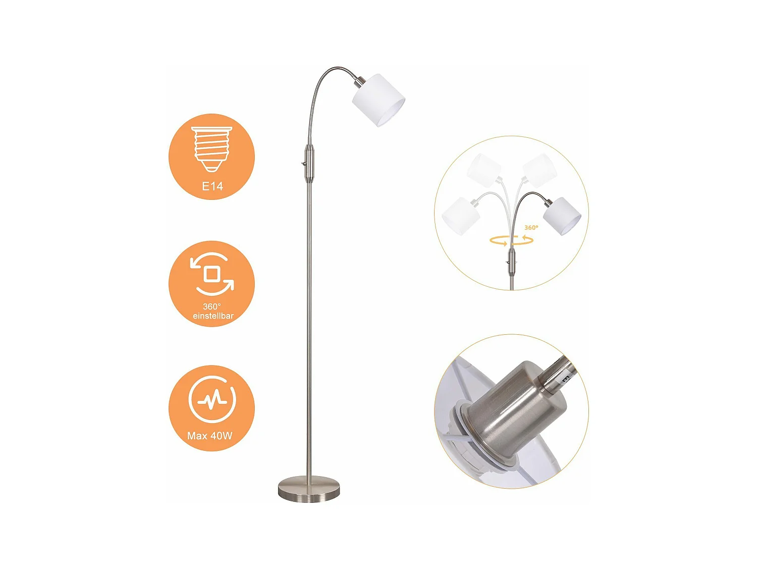 NETTLIFE Stehleuchte 1-Flammig Wohnzimmer Leseleuchte - E14 Vintage 360° Drehung Lampenschirm Boho Industrial Stehlampe Flur Schlafzimmer Ohne Leuchtmittel
