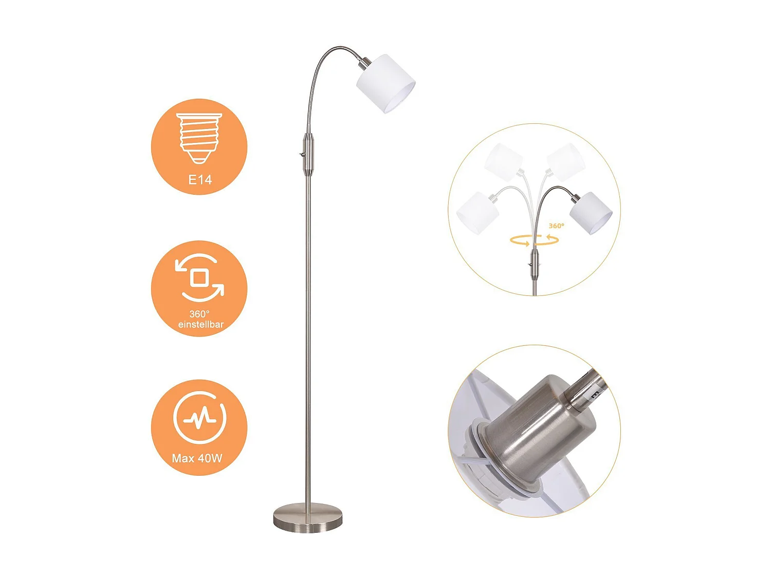 NETTLIFE Stehleuchte 1-Flammig Wohnzimmer Leseleuchte - E14 Vintage 360° Drehung Lampenschirm Boho Industrial Stehlampe Flur Schlafzimmer Ohne Leuchtmittel