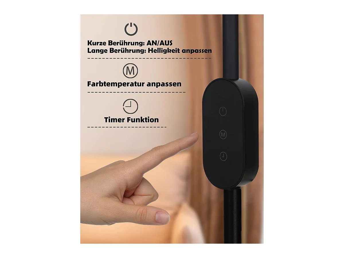 NETTLIFE Dimmbare LED - Lamp, Zwart Salonlamp 158 cm, moderne aanraakbare 9 W - Lamp met timer en herinneringsfunctie.