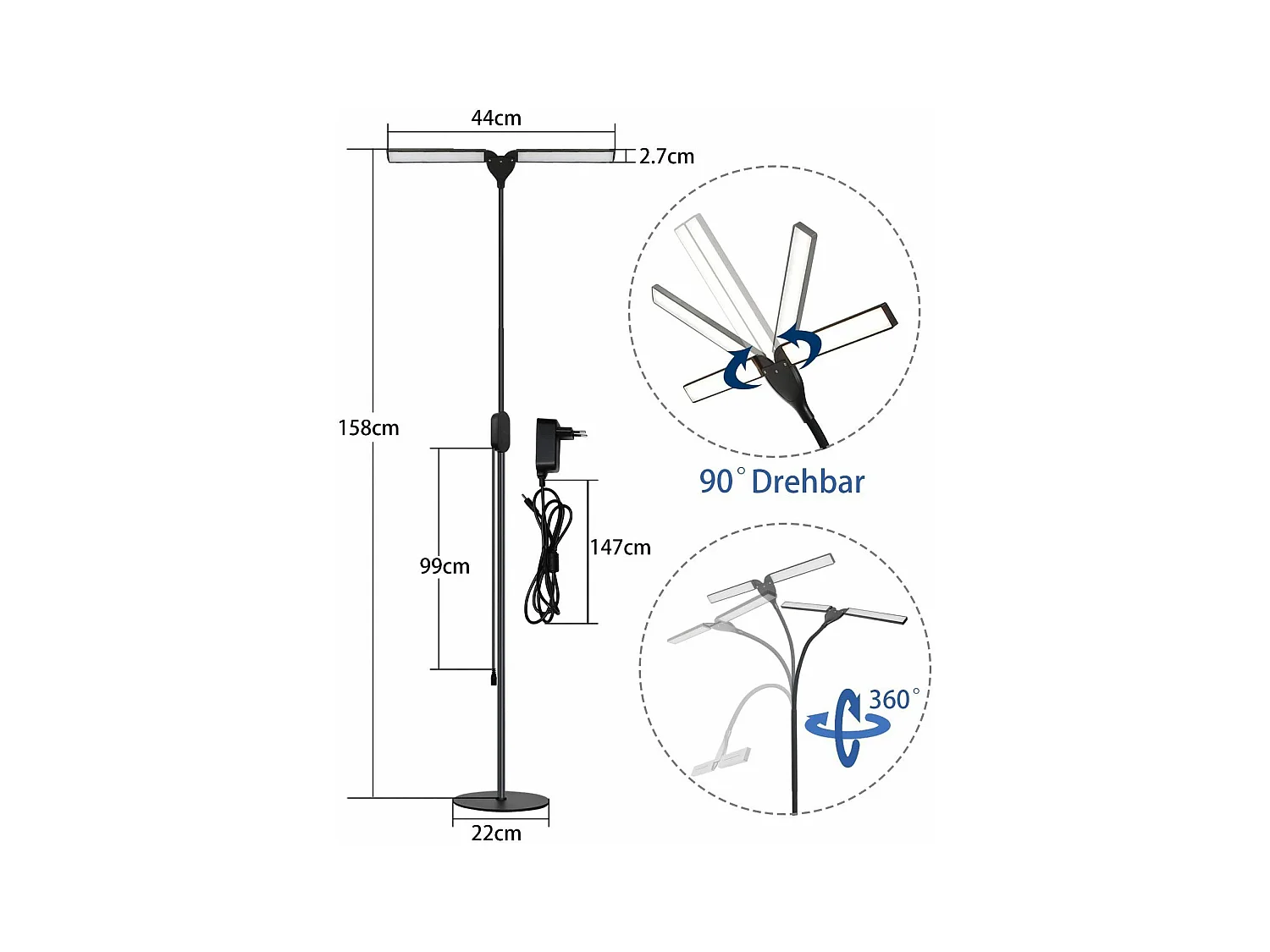 NETTLIFE Dimmbare LED - Lamp, Zwart Salonlamp 158 cm, moderne aanraakbare 9 W - Lamp met timer en herinneringsfunctie.