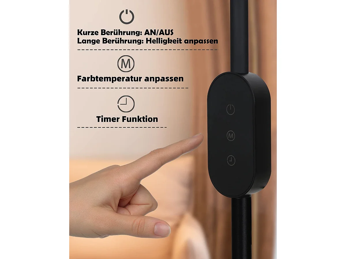 NETTLIFE Dimmbare LED - Lamp, Zwart Salonlamp 158 cm, moderne aanraakbare 9 W - Lamp met timer en herinneringsfunctie.