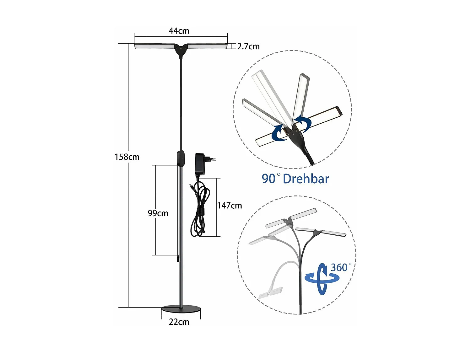 NETTLIFE Dimmbare LED - Lamp, Zwart Salonlamp 158 cm, moderne aanraakbare 9 W - Lamp met timer en herinneringsfunctie.