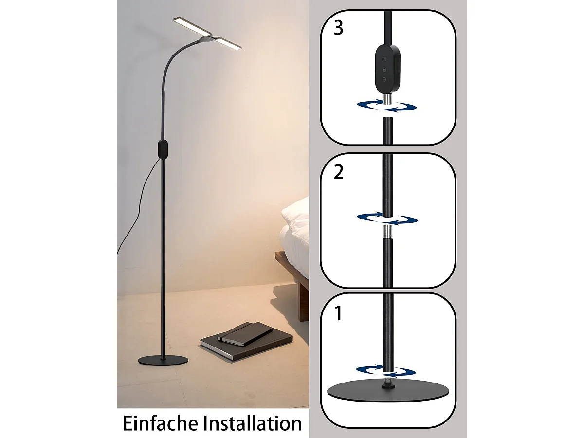 NETTLIFE Lampadaire LED  dimmable - Lampadaire de Salon Noir 158 cm Lampadaire Tactile Moderne 9 W avec minuterie et Fonction mémoire Lampadaire