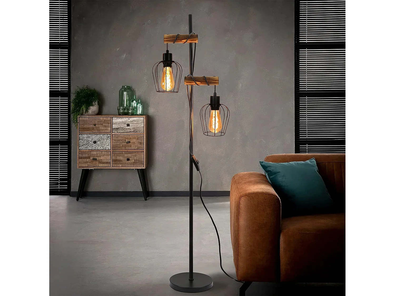 NETTLIFE Vintage Stehleuchte Wohnzimmer, Holz 2-Flammig Industrie Design Metall mit schwarzem Schalter E27 - Höhe: 151cm - Ohne Leuchtmittel