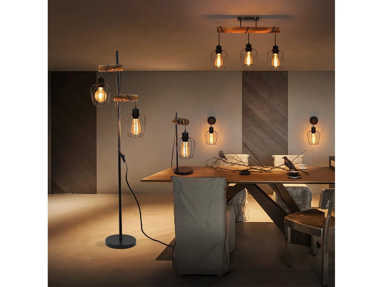 NETTLIFE Vintage Stehleuchte Wohnzimmer, Holz 2-Flammig Industrie Design Metall mit schwarzem Schalter E27 - Höhe: 151cm - Ohne Leuchtmittel