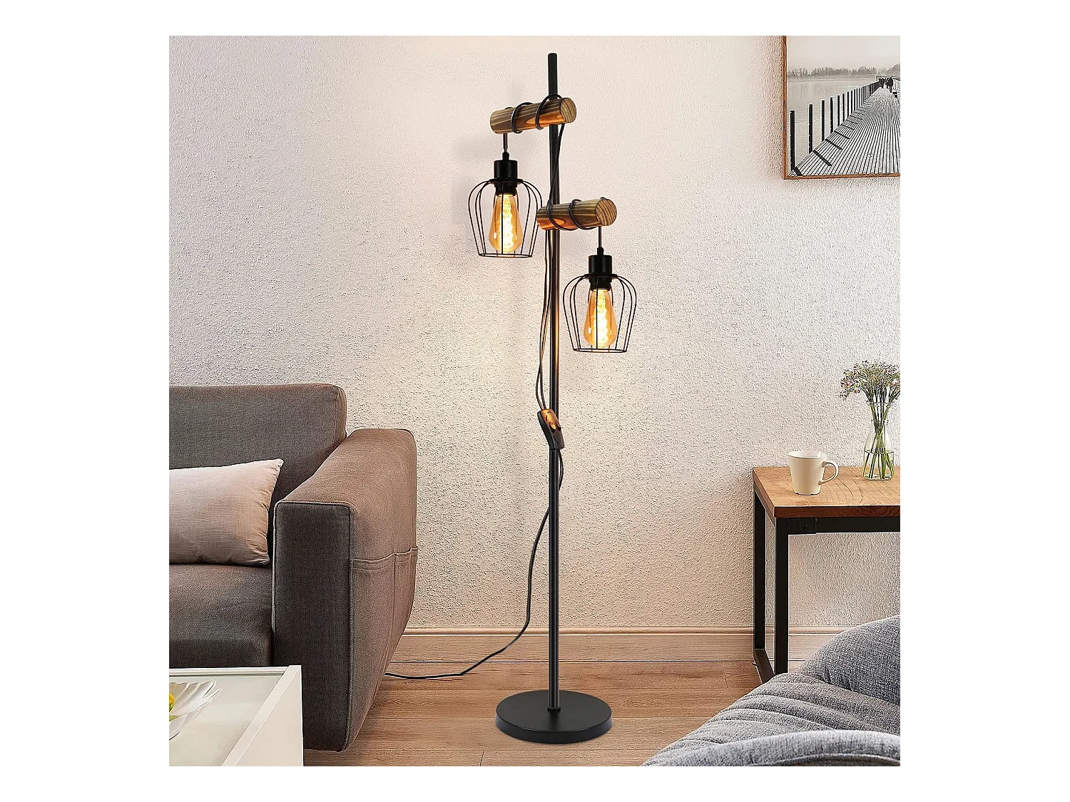 NETTLIFE lampadaire vintage salon ，en bois à 2 flammes au design industriel en métal avec interrupteur noir E27 - hauteur : 151cm - sans ampoule