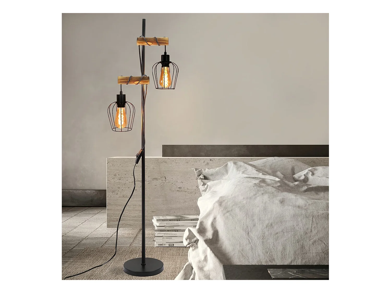 NETTLIFE Lámpara de pie de salón vintage, en madera con 2 llamas en diseño industrial de metal interruptor negro E27 - altura: 151 cm - sin bombilla