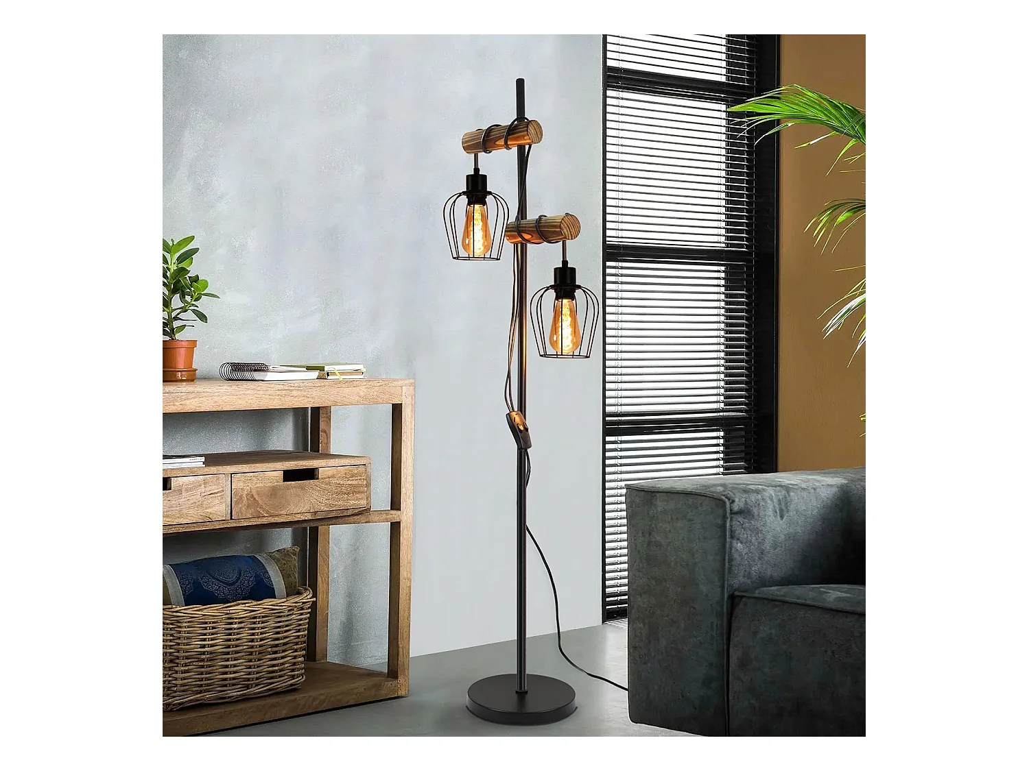 NETTLIFE Lámpara de pie de salón vintage, en madera con 2 llamas en diseño industrial de metal interruptor negro E27 - altura: 151 cm - sin bombilla