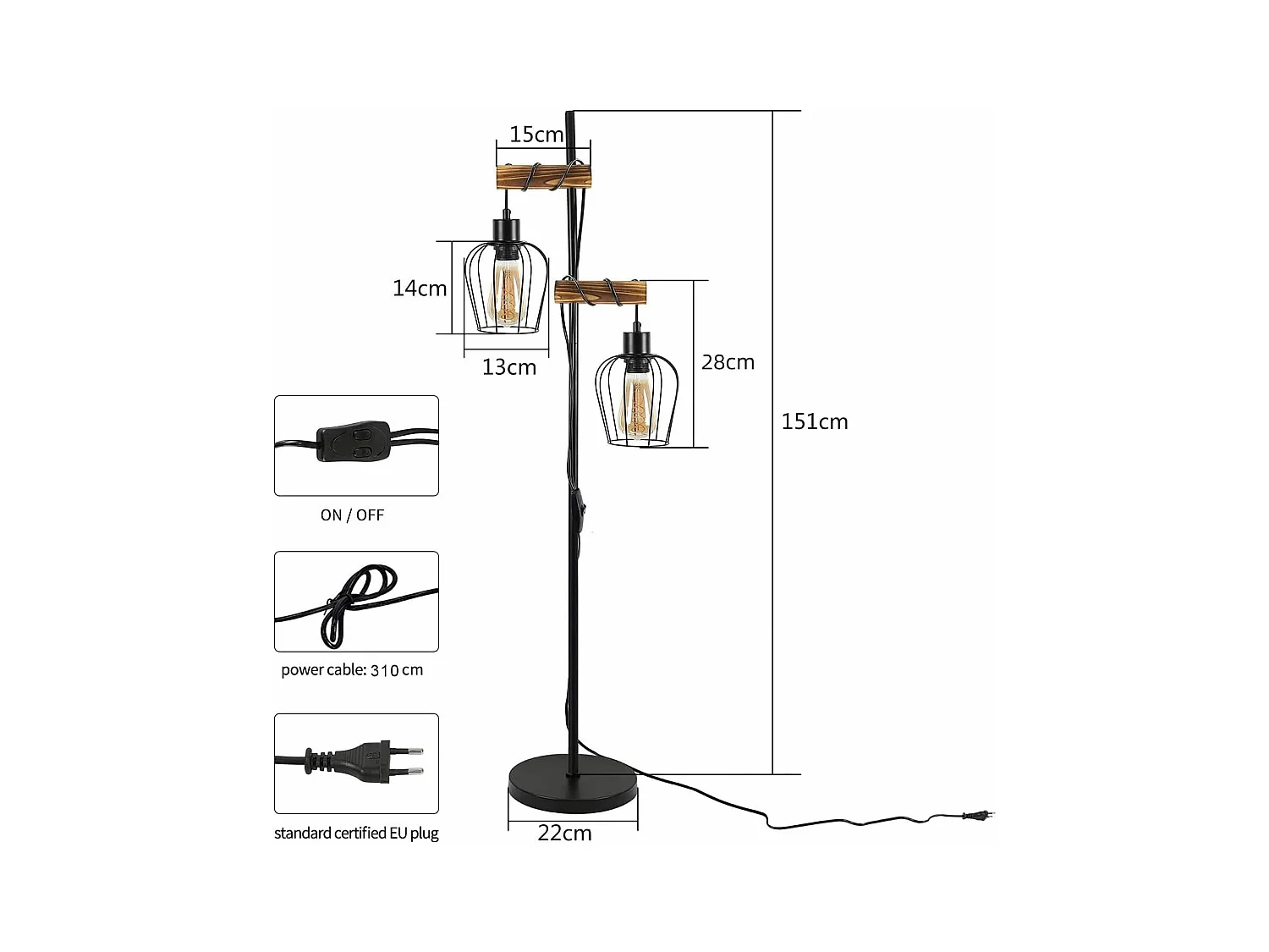 NETTLIFE Lámpara de pie de salón vintage, en madera con 2 llamas en diseño industrial de metal interruptor negro E27 - altura: 151 cm - sin bombilla