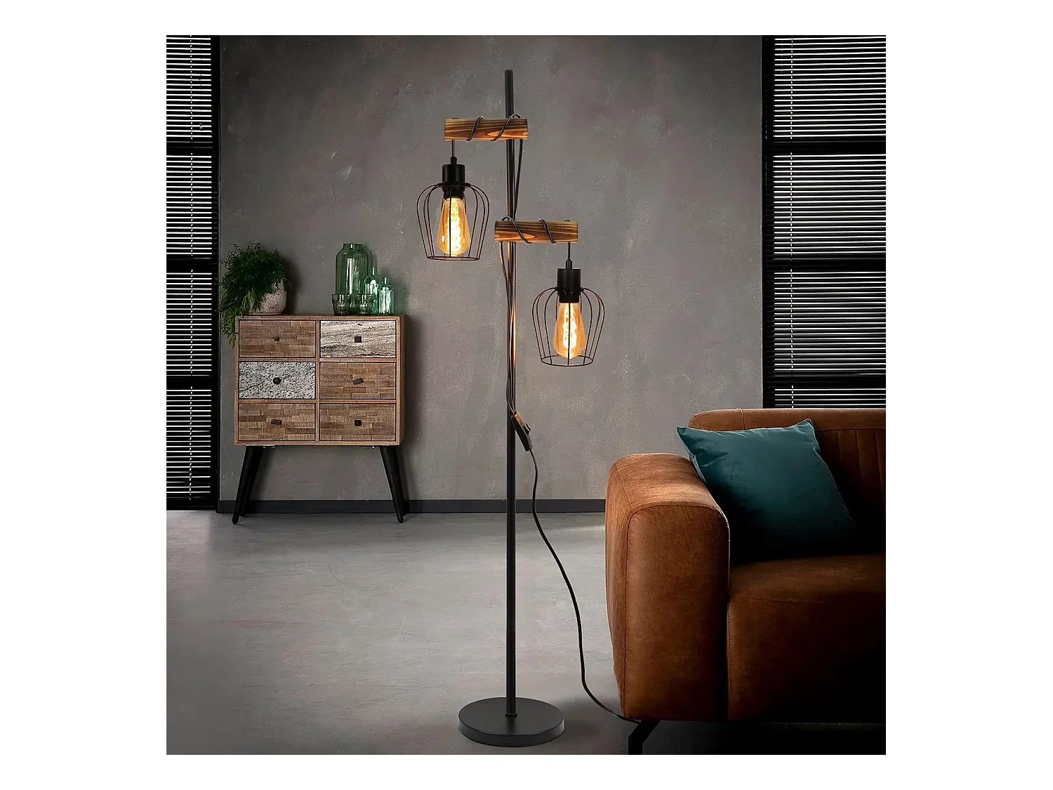 NETTLIFE Lámpara de pie de salón vintage, en madera con 2 llamas en diseño industrial de metal interruptor negro E27 - altura: 151 cm - sin bombilla