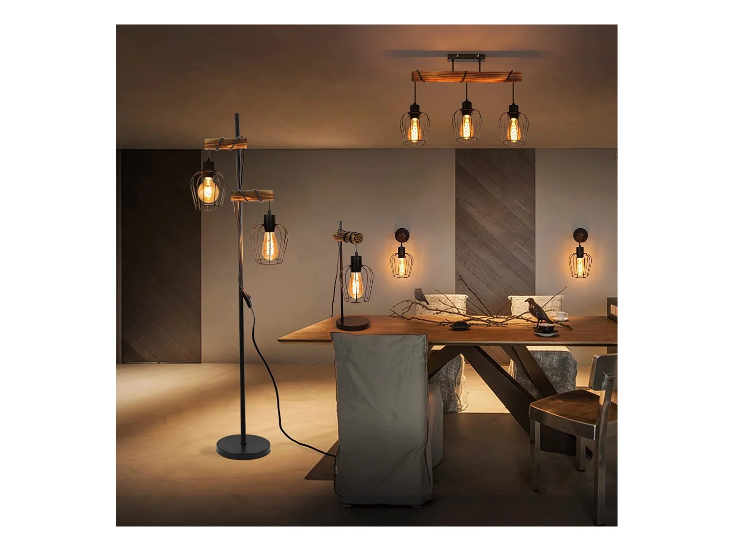 NETTLIFE Lámpara de pie de salón vintage, en madera con 2 llamas en diseño industrial de metal interruptor negro E27 - altura: 151 cm - sin bombilla