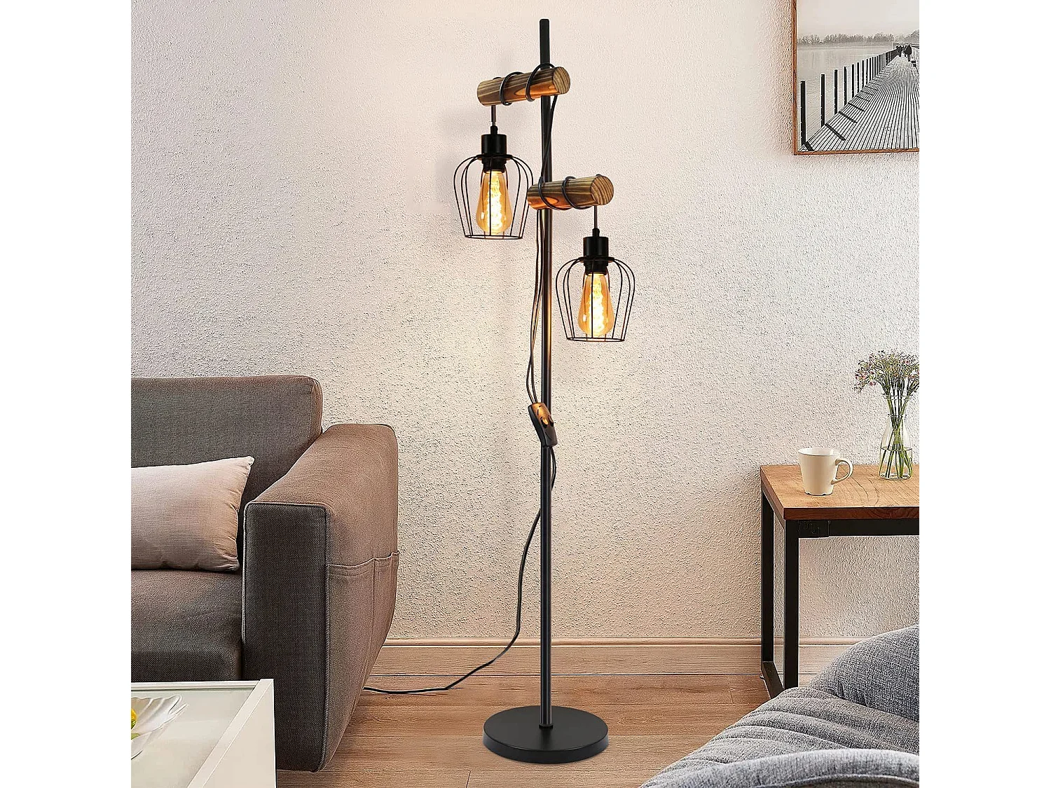 NETTLIFE vintage salonlamp, houten, met 2 vlammen, industrieel ontwerp in metaal, zwarte E27 -schakelaar - hoogte: 151 cm - zonder gloeilamp.