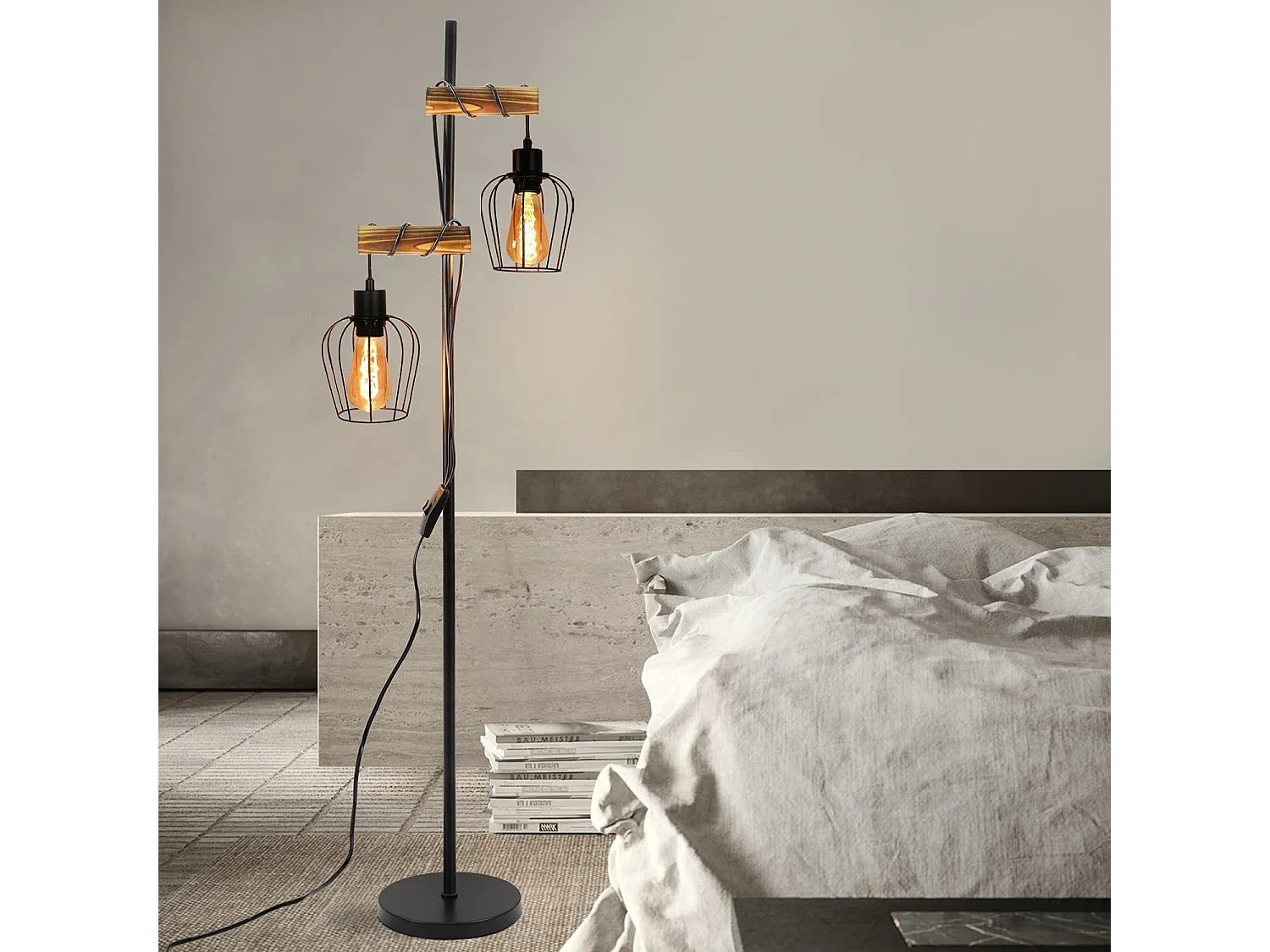 NETTLIFE vintage salonlamp, houten, met 2 vlammen, industrieel ontwerp in metaal, zwarte E27 -schakelaar - hoogte: 151 cm - zonder gloeilamp.