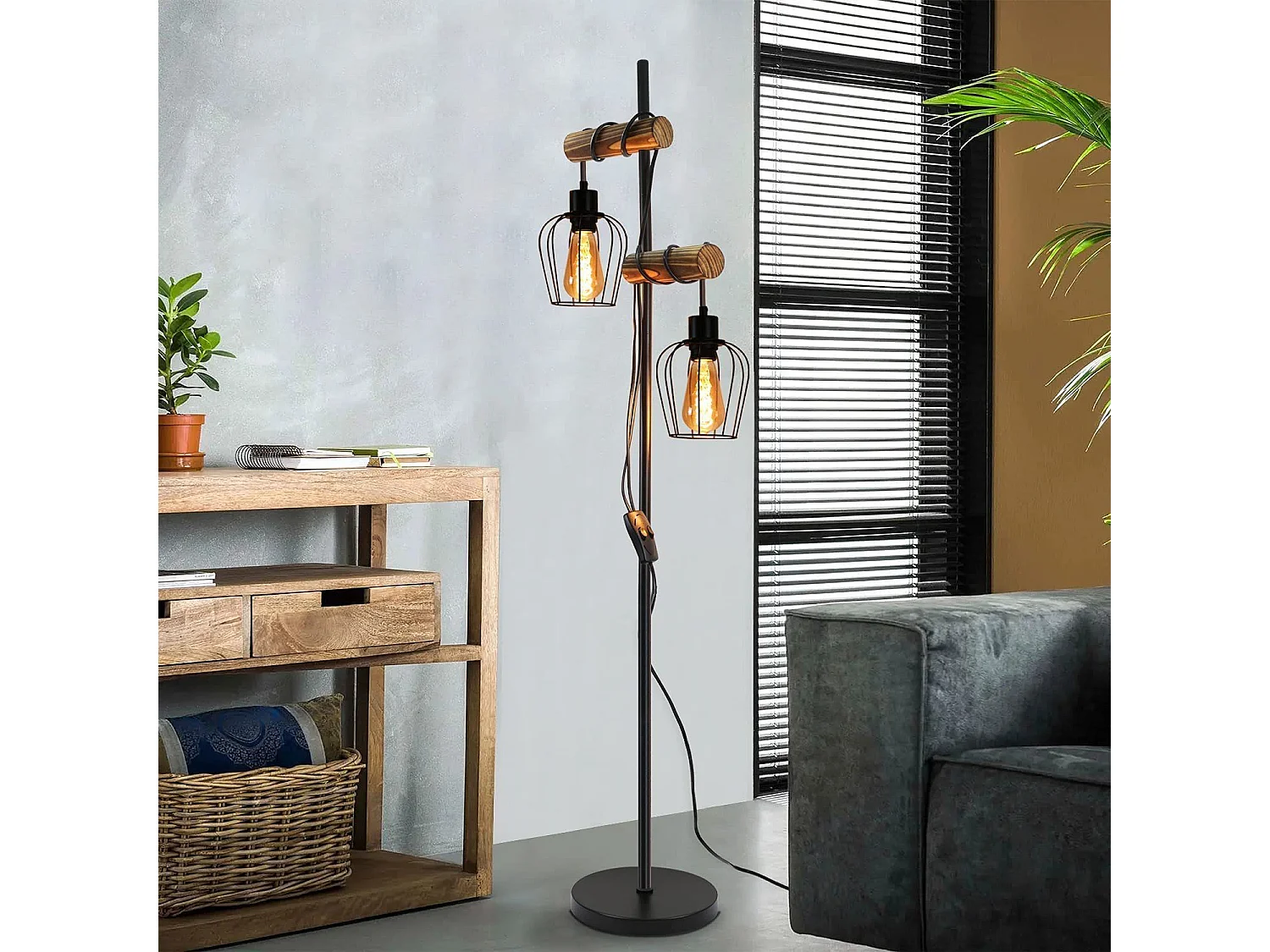 NETTLIFE vintage salonlamp, houten, met 2 vlammen, industrieel ontwerp in metaal, zwarte E27 -schakelaar - hoogte: 151 cm - zonder gloeilamp.