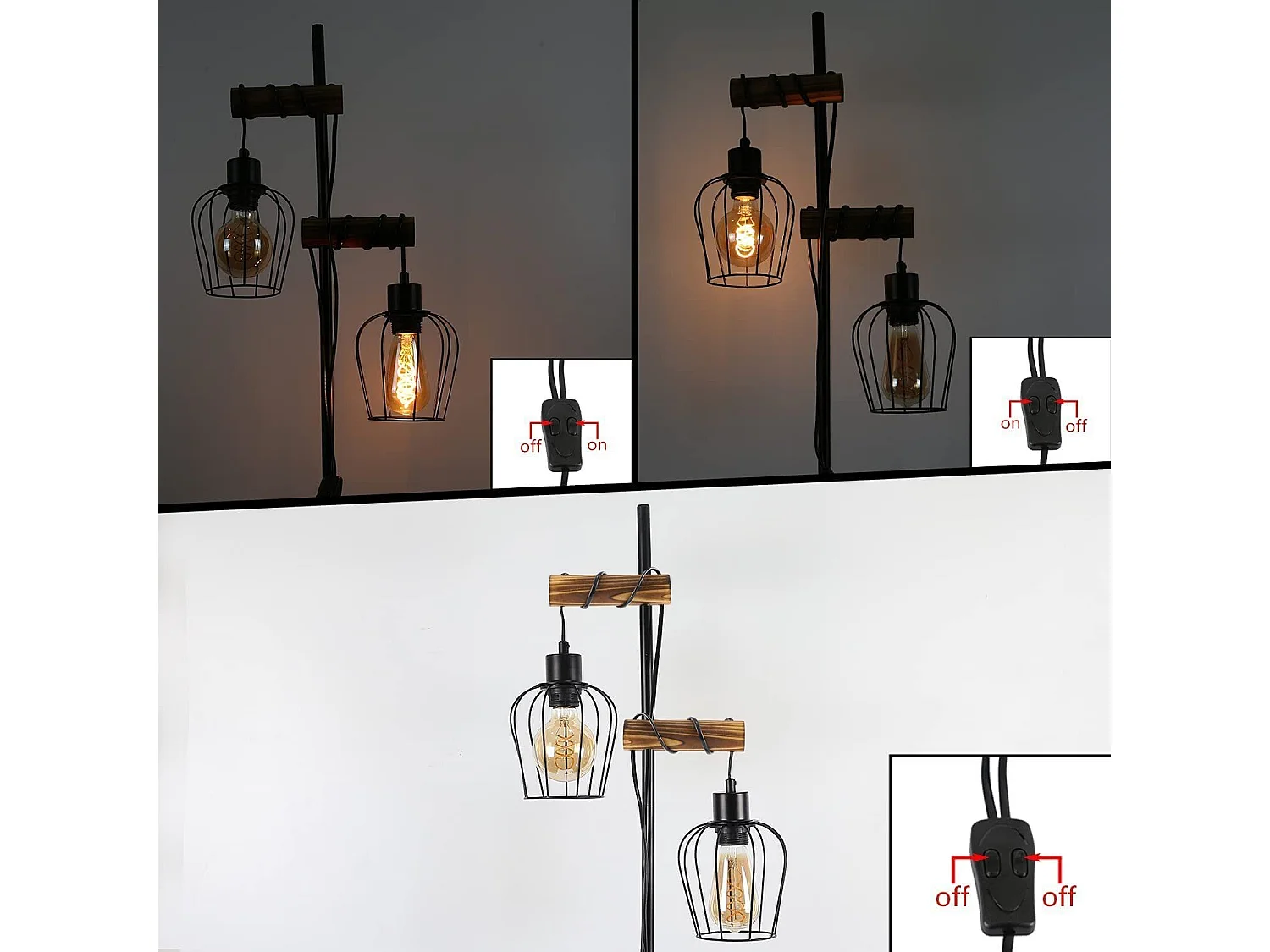 NETTLIFE vintage salonlamp, houten, met 2 vlammen, industrieel ontwerp in metaal, zwarte E27 -schakelaar - hoogte: 151 cm - zonder gloeilamp.