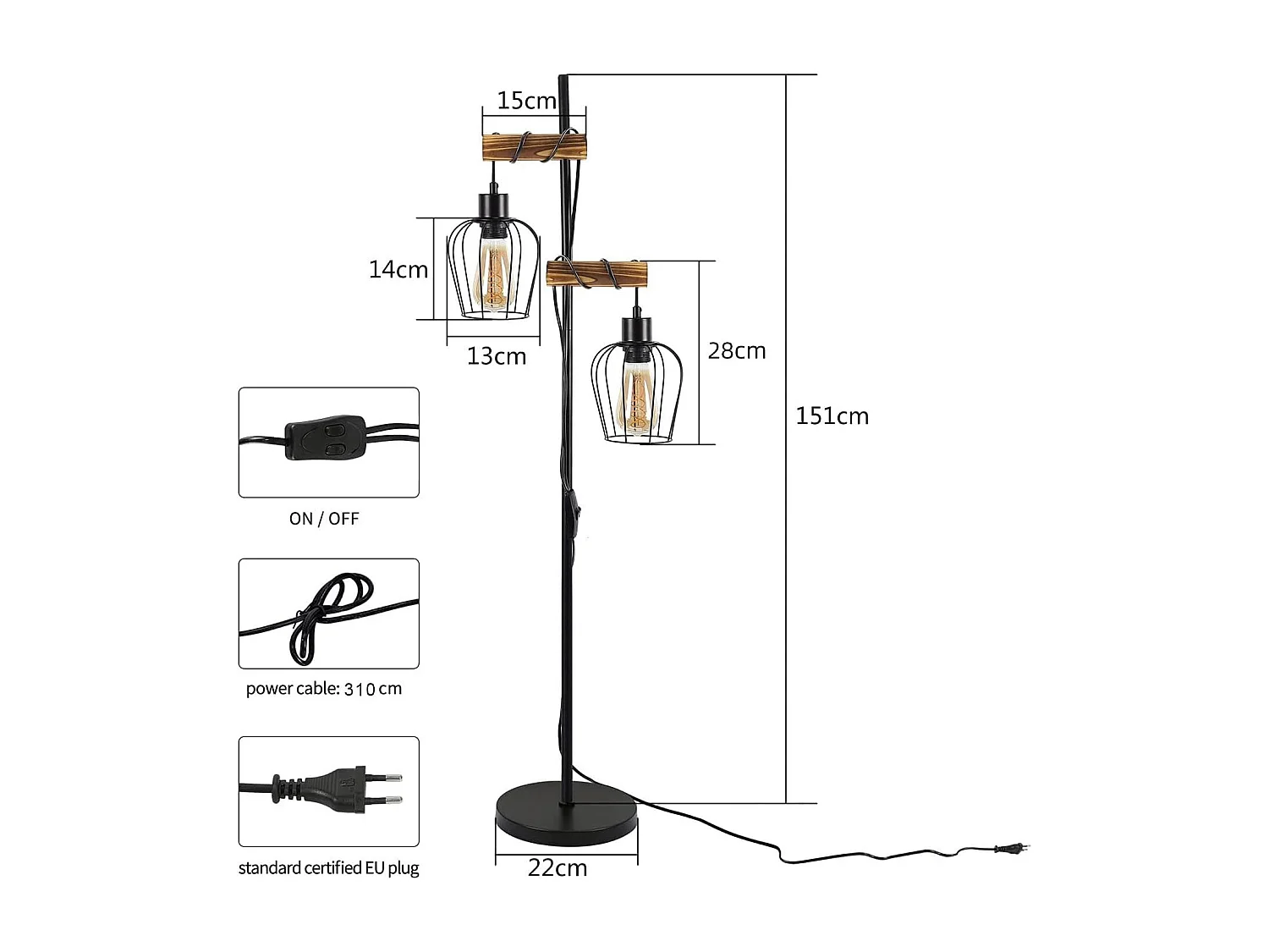 NETTLIFE vintage salonlamp, houten, met 2 vlammen, industrieel ontwerp in metaal, zwarte E27 -schakelaar - hoogte: 151 cm - zonder gloeilamp.