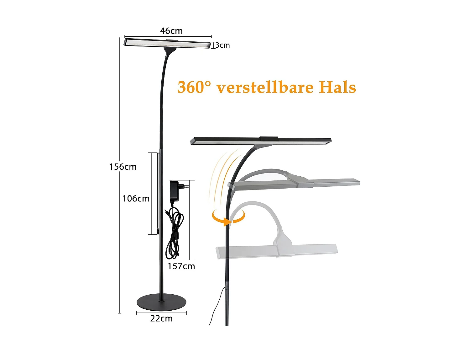 NETTLIFE Lampadaire LED Salon Dimmable Noir de lecture - Moderne Salon 10W Touch Lampe de bureau avec minuterie Lampe de lit Col de cygne réglable