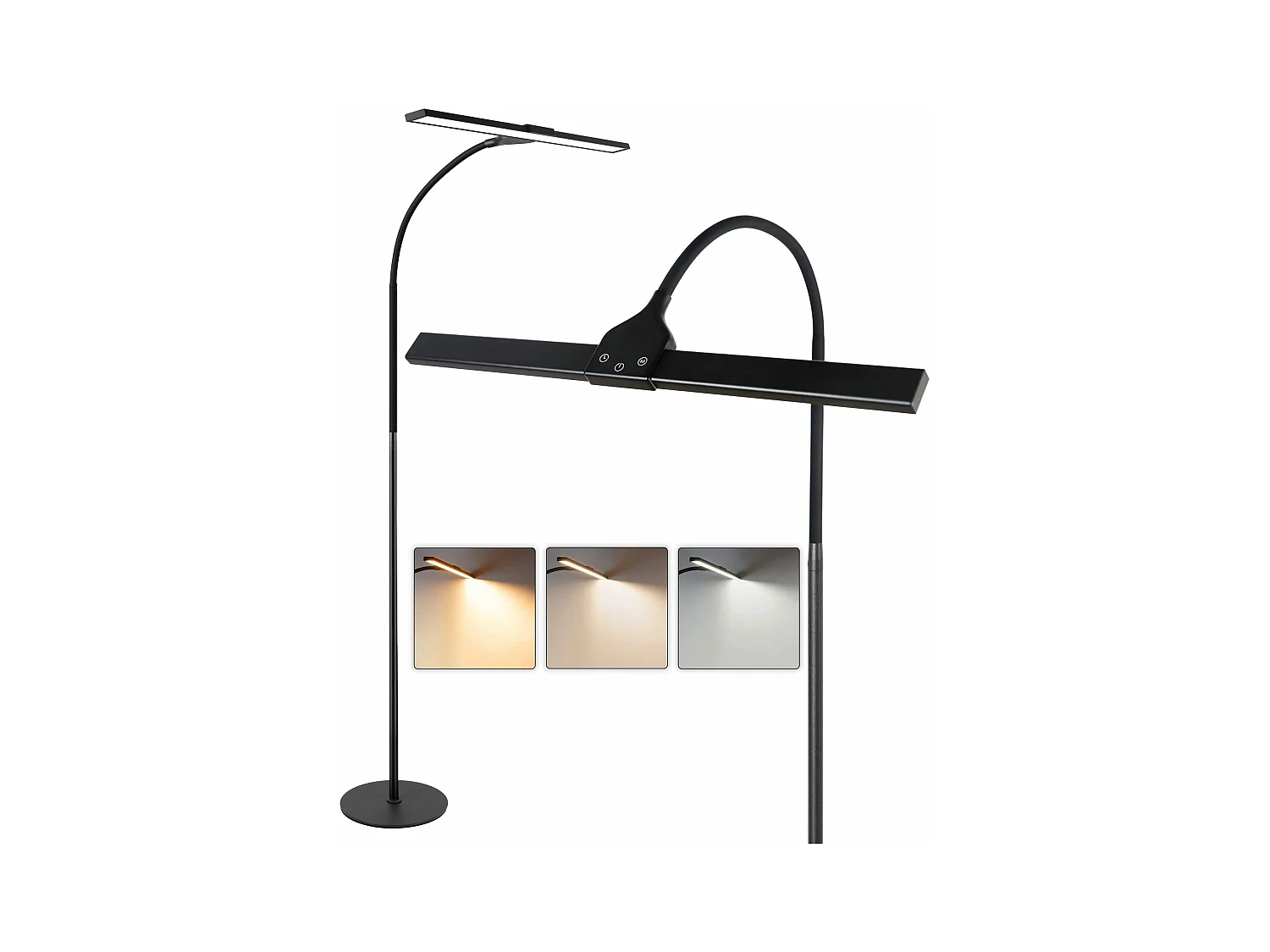 NETTLIFE Lampadaire LED Salon Dimmable Noir de lecture - Moderne Salon 10W Touch Lampe de bureau avec minuterie Lampe de lit Col de cygne réglable