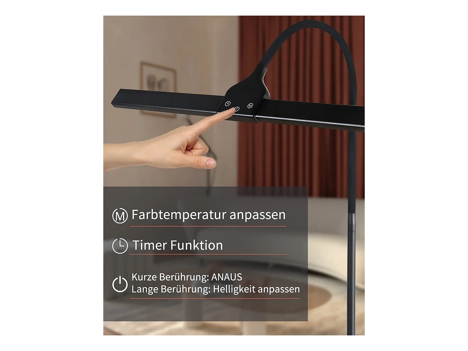 NETTLIFE Vloerlamp LED Zwart 156cm Touch Dimbaar  Staande Lampen met 360 ° Zwanenhals 10W Leeslamp 40min Timer en Geheugenfunctie voor Slaapkamer Woonkamer Studie