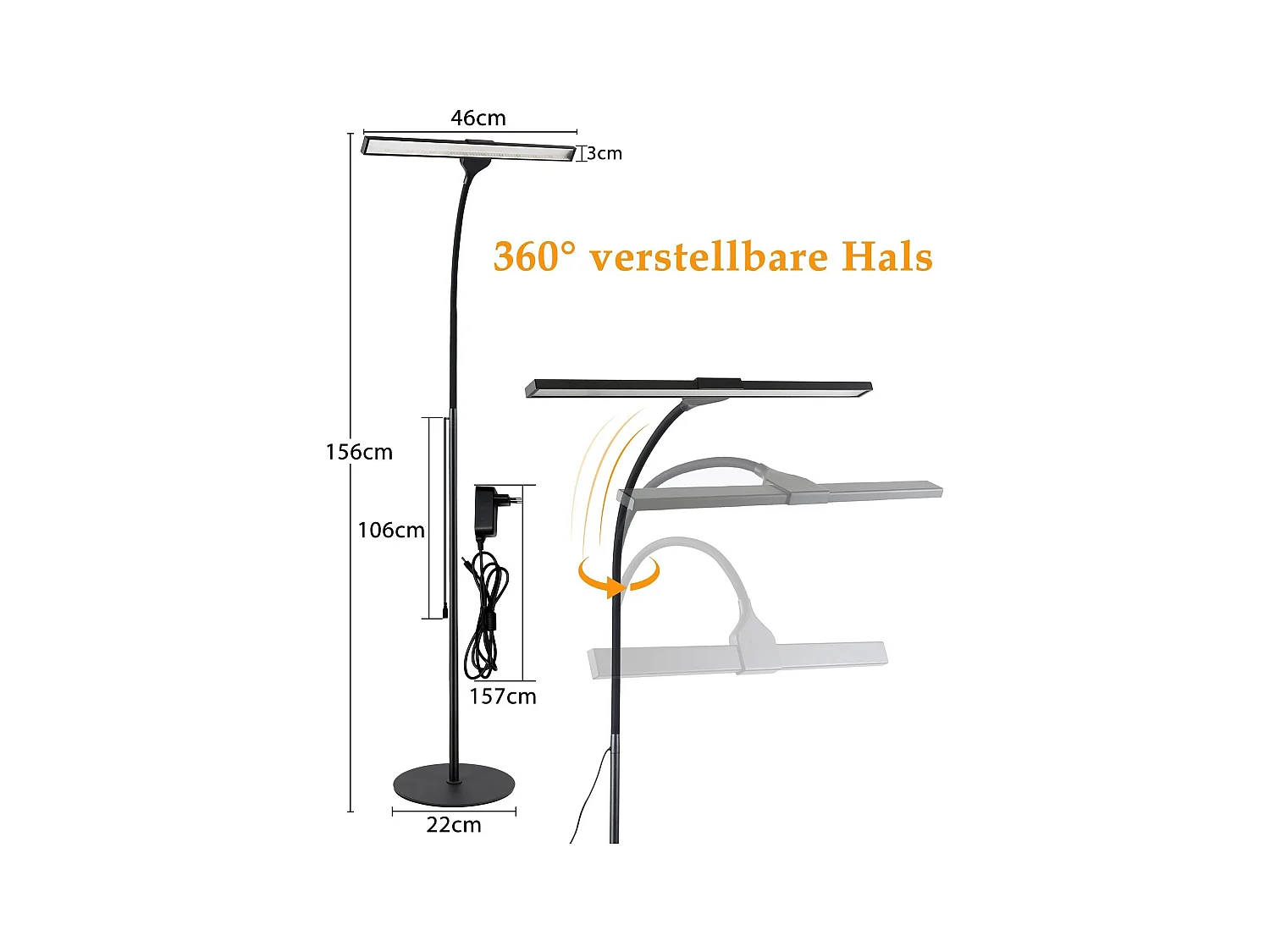 NETTLIFE Vloerlamp LED Zwart 156cm Touch Dimbaar  Staande Lampen met 360 ° Zwanenhals 10W Leeslamp 40min Timer en Geheugenfunctie voor Slaapkamer Woonkamer Studie
